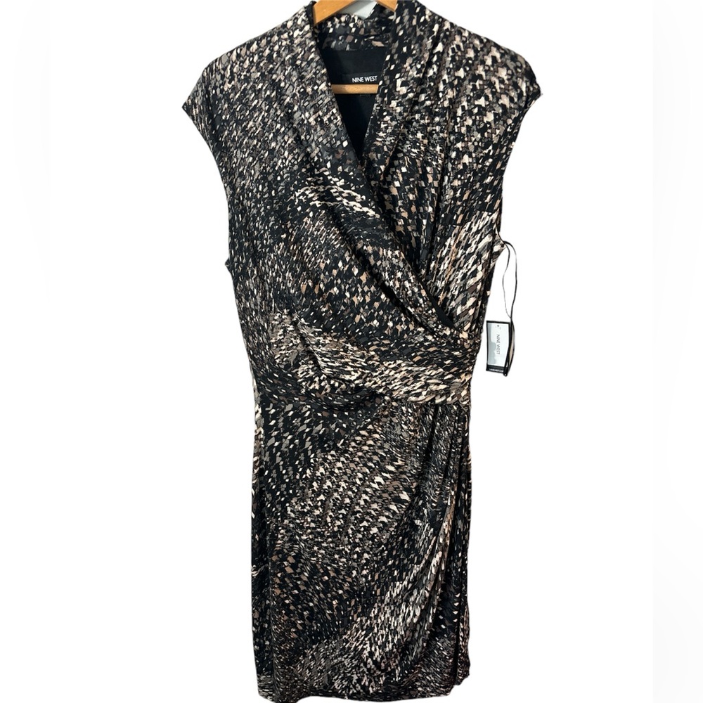 NWT Nine West abstract neutral patterned midi cap sleeve dress size 14. career